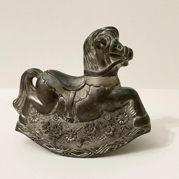 Vintage Rocking Horse Piggy Bank Silver Plated Coin Bank Made In Hong Kong - Picture 7 of 16